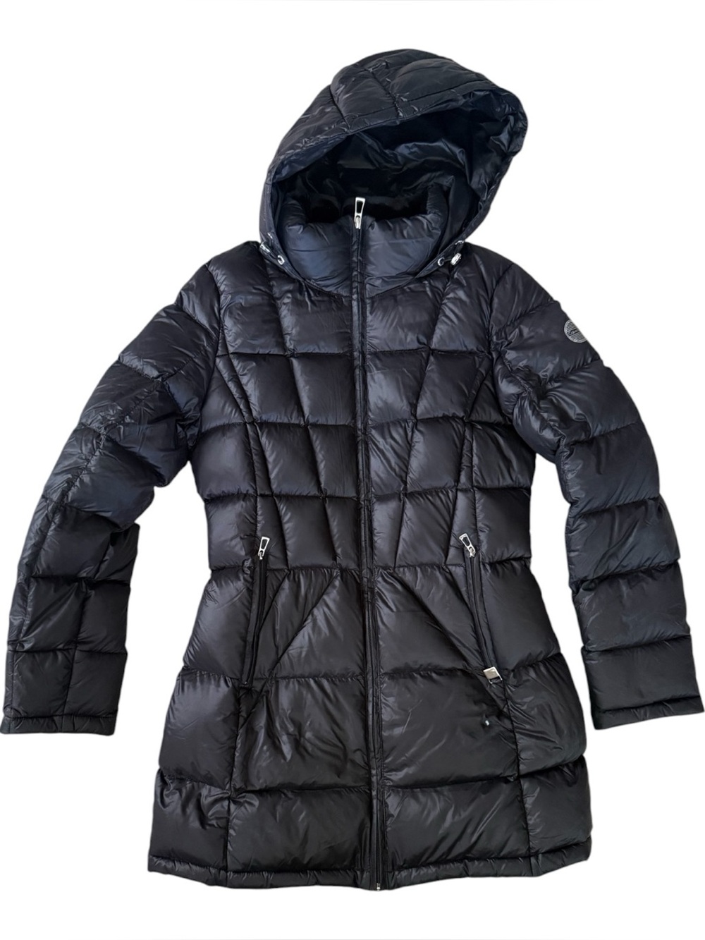 Calvin Klein Packable Lightweight Premium Down Hooded Puffer Coat Black Sz Small - Picture 2 of 6
